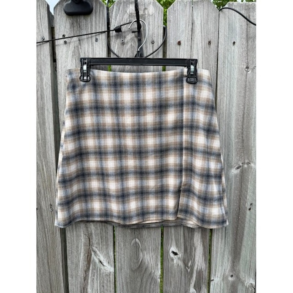 Plaid Old Navy Mini Skirt Women M Tan Grey Tartan A-Line Side Slit Lined Casual
